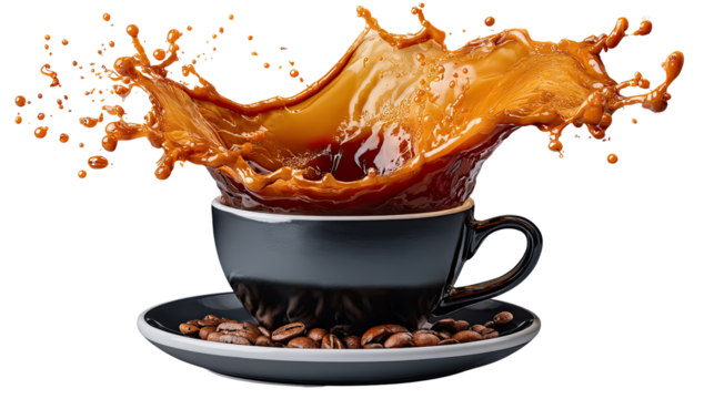Coffee Splash: A captivating visual of a coffee splash, capturing the essence of refreshment and invigorating energy. Coffee grounds and a cup