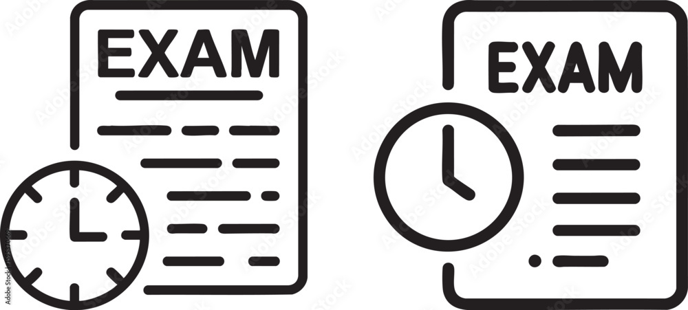 Poster exam time icon vector set: black and white test symbol with clock on transparent background - academ