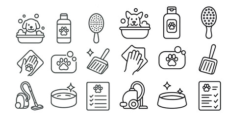 Obraz na płótnie Canvas Set of dog grooming supplies including a brush, a bottle of shampoo, and a bowl. Concept of cleanliness and care for pets