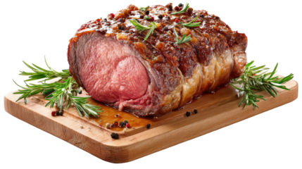Roast Beef on Cutting Board: A succulent roast beef, expertly seasoned and presented on a wooden cutting board, ready to serve, perfect for any food-related project.
