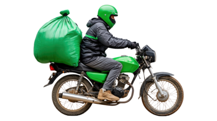 Motorcycle Delivery: A courier, clad in a helmet, speeds on a motorcycle, a massive green package secured on the back, highlighting efficiency and speed.