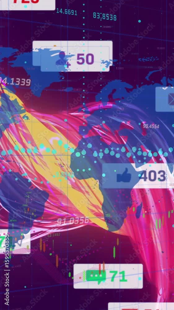 Poster animation of digital data visualization with social media notifications and world map