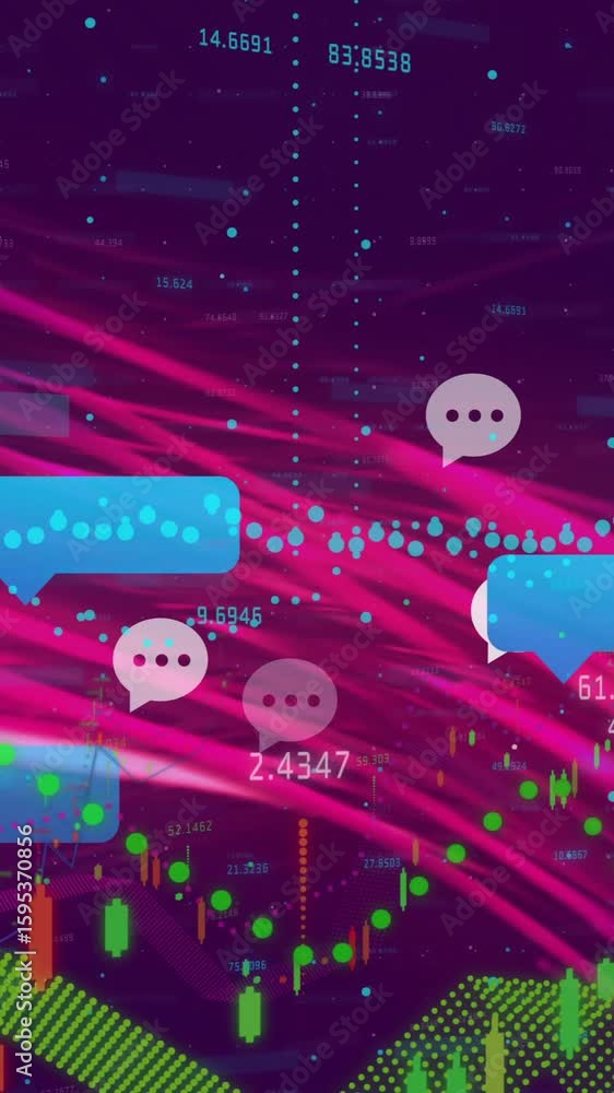 Poster chat bubbles and digital data processing animation over financial stock market graph