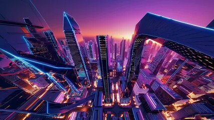 AI-generated futuristic cityscape at dusk with neon-lit skyscrapers glowing in vibrant pink hues - Powered by Adobe