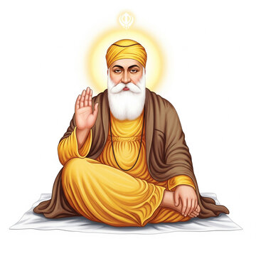 respectful digital painting of guru nanak dev ji maharaj seated with blessing hand on white background