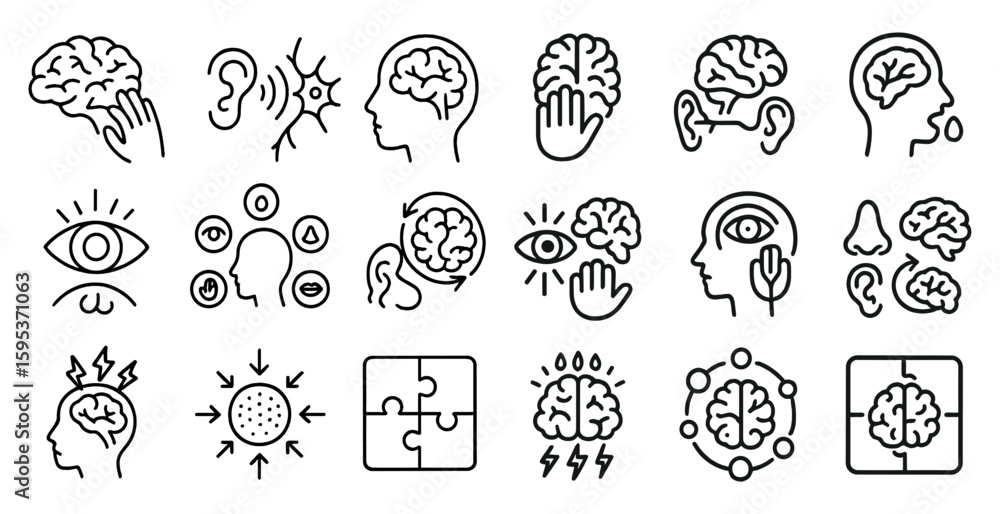Poster series of images of the brain and its functions. the images include a person with a headache, a pers