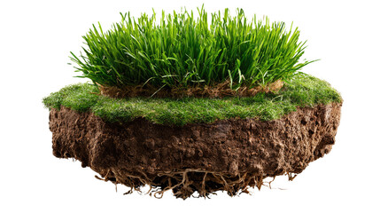 Island of Green: A captivating depiction of a floating island of lush, vibrant green grass, revealing the rich, fertile soil and root system beneath. This image symbolizes growth, nature's resilience.