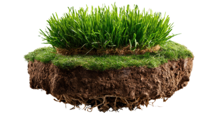 Island of Green: A captivating depiction of a floating island of lush, vibrant green grass, revealing the rich, fertile soil and root system beneath. This image symbolizes growth, nature's resilience.