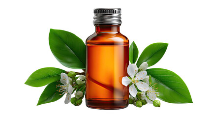 Aromatherapy and essential oil bottle: A beautiful photo of a glass bottle surrounded by blooming plants, suggesting natural therapeutic benefits, with the essence of a healing experience.