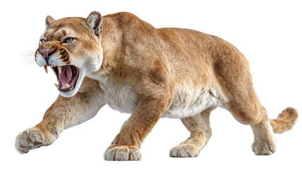 Roaring Cougar in Action: A majestic cougar, showcasing its powerful presence, with teeth bared, is ready for action. Captured in stunning detail.