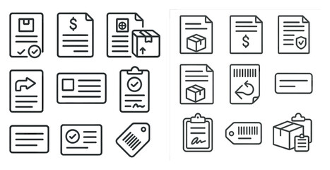 Set of paper items, including receipts, invoices, and shipping labels. The items are all in black and white, and they are arranged in a grid-like pattern