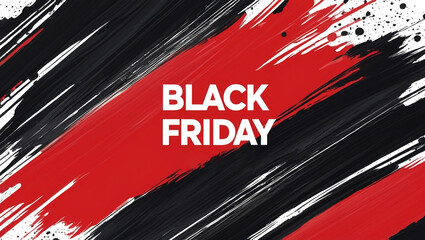 Bold Black Friday background with striking red and black abstract brush strokes and dynamic paint splatter effect — perfect for sale promotions and banners.