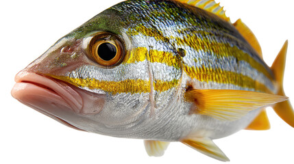 Vibrant Fish Portrait: A striking, close-up view of a colorful fish with yellow and silver stripes, showcasing intricate details and bright, oceanic hues.