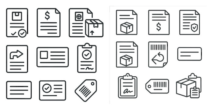 Set of paper items, including receipts, invoices, and shipping labels. The items are all in black and white, and they are arranged in a grid-like pattern