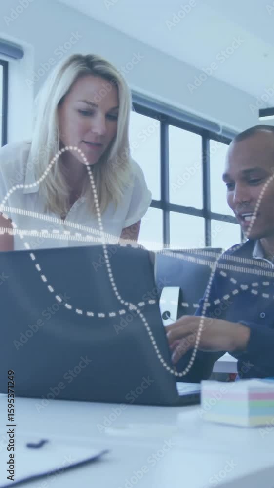 Poster two colleagues collaborating on laptop with digital data wave animation overlay