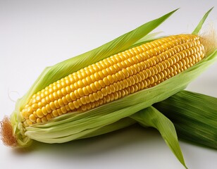 whole ear of sweet corn with vibrant kernels white background