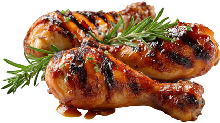 Succulent Grilled Chicken Drumsticks: Two juicy, golden-brown drumsticks sit, garnished with a sprig of fresh rosemary, evoking the delicious flavors and aromas of a perfect barbecue.