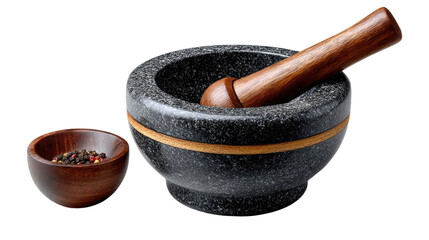 Mortar and Pestle in Culinary Composition: Close-up shot of a stone mortar and wooden pestle beside a wooden bowl filled with peppercorns, representing the essence of culinary artistry. 