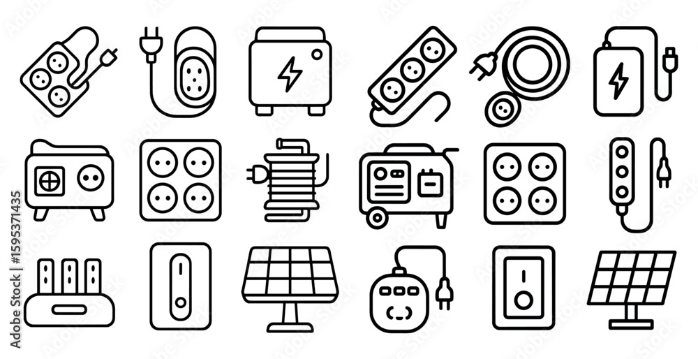 Poster collection of electrical items and cords in a black and white style. the items include a toaster, a 