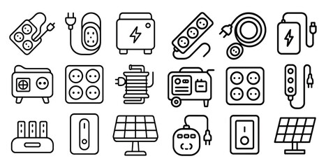 Collection of electrical items and cords in a black and white style. The items include a toaster, a power strip, a power outlet, and a power cord. Scene is one of organization and utility