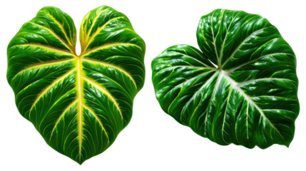 Two Vibrant Leaves: The beauty of nature with the image of two textured heart-shaped leaves exhibiting striking colors and intricate veining against an simple and eye-pleasing background. 