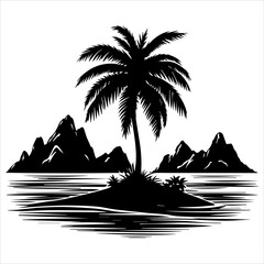 Black silhouette of a tropical island with palm tree in white background