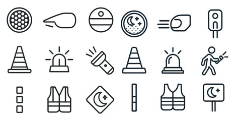 Collection of icons for various safety and traffic signs. The icons include a stop sign, a yield sign, a pedestrian crossing sign, a traffic light, a police car, a fire hydrant, a traffic cone