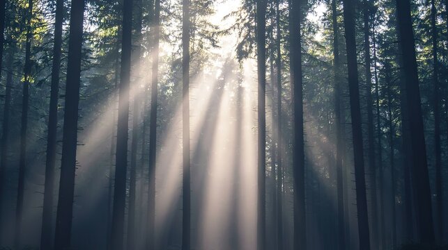 Misty forest with tall trees and sunlight breaking through, ethereal, magical