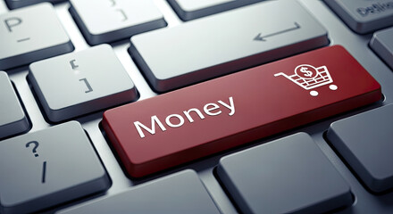 Fototapeta premium Online Shopping Concept: Close-up of Keyboard with Money Button and Shopping Cart Icon. E-commerce, Digital Economy, and Financial Transactions.