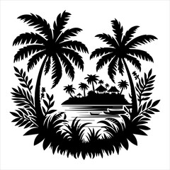 Black silhouette of a tropical island with palm tree in white background