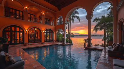 Fototapeta premium Luxurious Waterfront Villa with Infinity Pool at Sunset