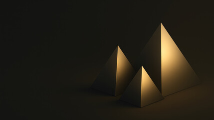 Fototapeta premium Abstract 3D golden pyramids on a dark, minimal background. Luxury design with copy space