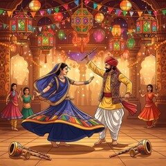 Fototapeta premium Couple dancing joyfully during indian festival celebration with colorful lights