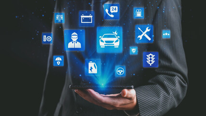 Car service and insurance provide vehicle maintenance, car insurance coverage claim app, and...