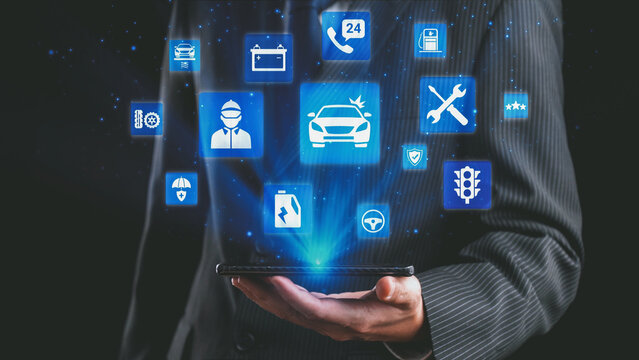 Fototapeta Car service and insurance provide vehicle maintenance, car insurance coverage claim app, and safety. Mobile car service and insurance, cost estimate, driver user gain confidence and protection. Spire