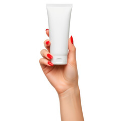 Woman holding a tube of cream with red nails