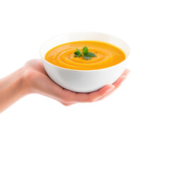 Warm bowl of creamy soup held by a hand
