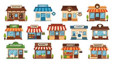 Adobe illustrator vector artwork set various colorful small businesses and shops, including a bookstore, pharmacy, cafes, restaurants, laundry, and markets. Perfect for local business retail concepts