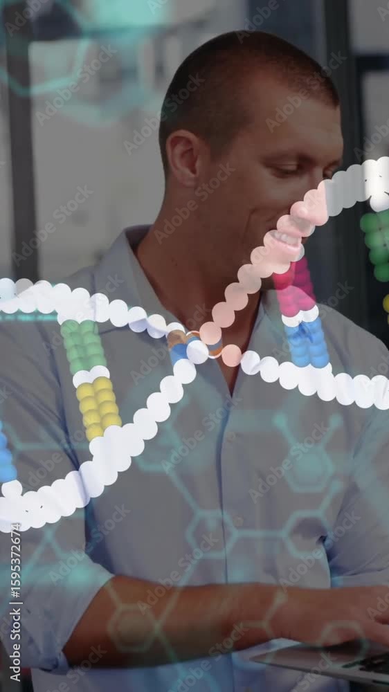 Poster dna strand and binary coding animation over diverse business people working