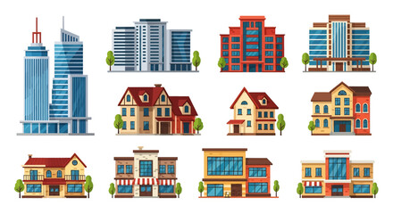 Adobe illustrator vector artwork set of various city buildings, including skyscrapers, residential houses, and storefronts. Perfect for urban landscapes, real estate, and city life concepts