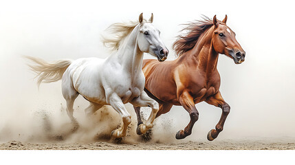Obraz premium Two Majestic Horses Running in Dust, White and Chestnut, Dynamic Action Shot