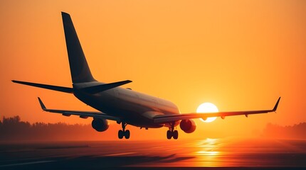 An Aircraft while taking off at Dusk Under a Clear Twilight Sky