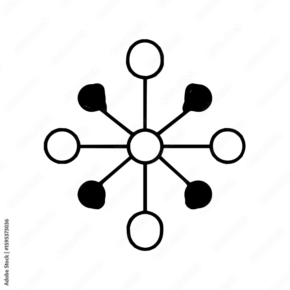 Aufkleber stylized representation of a central circle connected to surrounding circles and blobs with lines