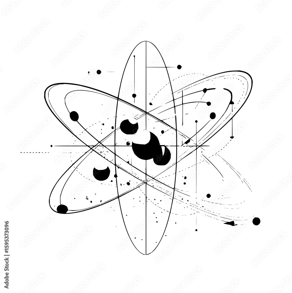 Poster abstract atom representation with orbiting particles and intersecting elliptical shapes design eleme