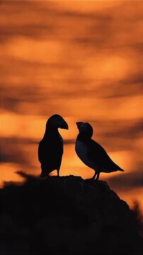 silhouettes of two puffins with an orange sunset background