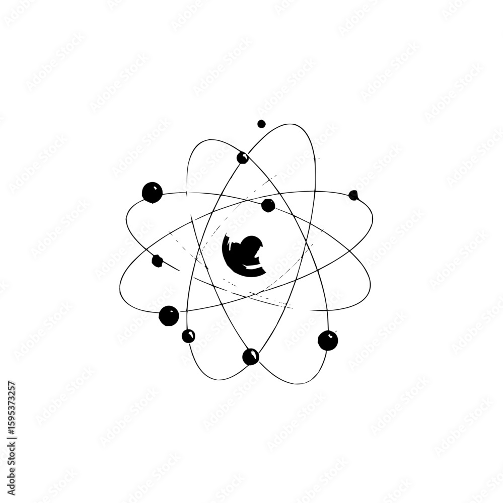 Poster stylized depiction of an atom with orbiting electrons in a circular path with nucleus center