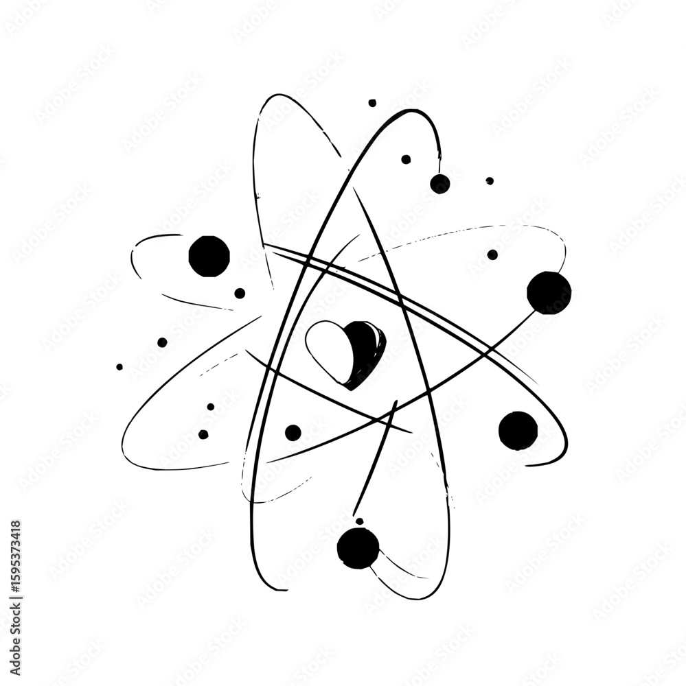 Poster atom structure with a heart in the center and electrons orbiting around it in a white background vie