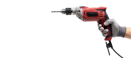 Electric drill in hand man on white background.