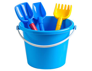 Top View of Blue Sand Bucket Filled with Colorful Toy Tools, Transparent Background