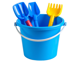 Top View of Blue Sand Bucket Filled with Colorful Toy Tools, Transparent Background